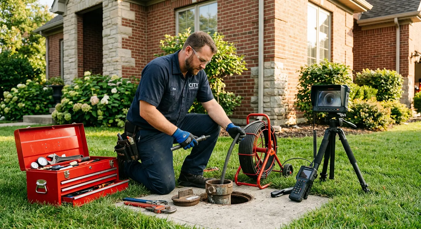 Sewer specialist with camera equipment servicing a cleanout in Rusk