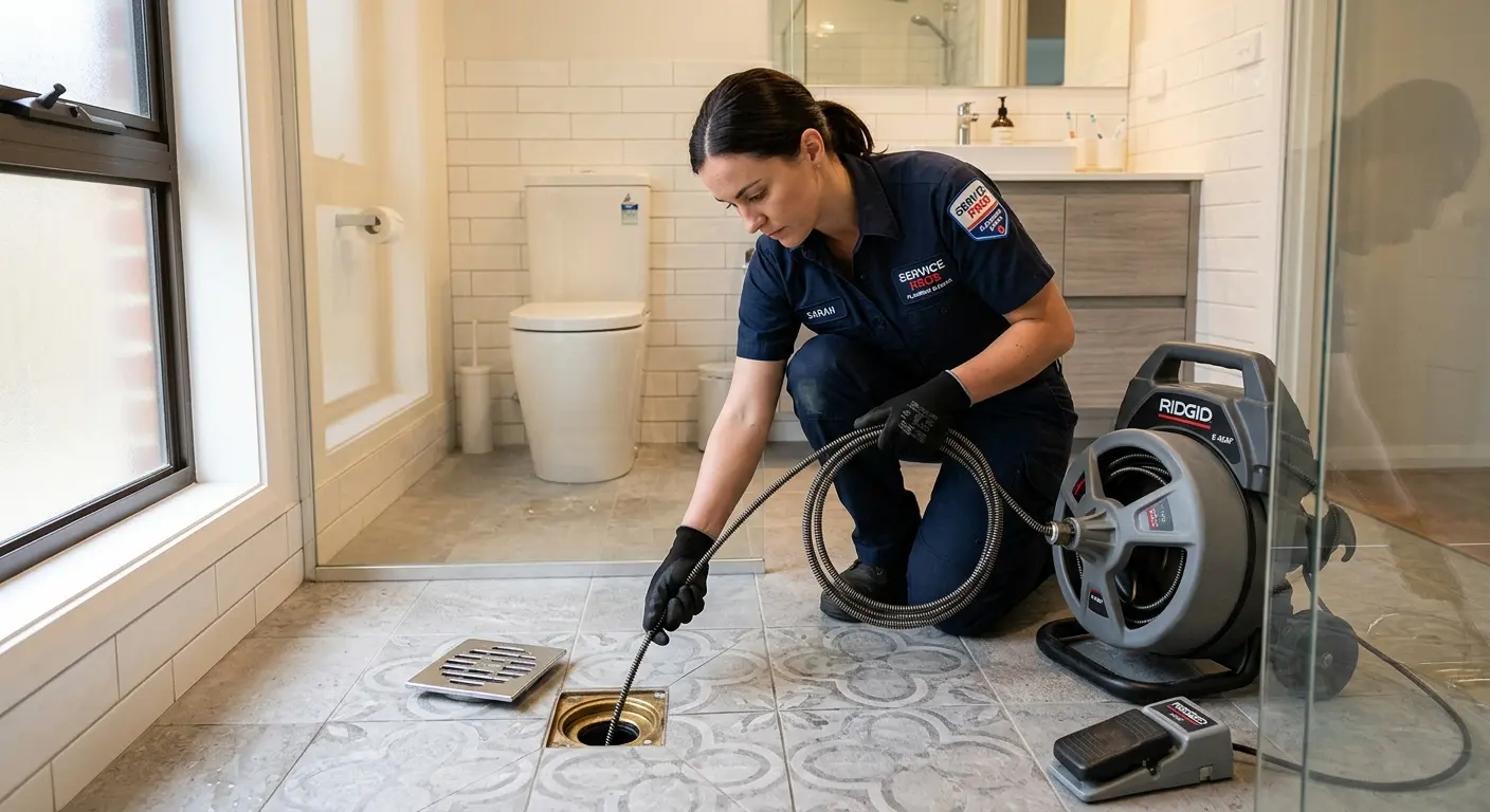 Technician clearing a bathroom floor drain for Drain Cleaning in Rusk